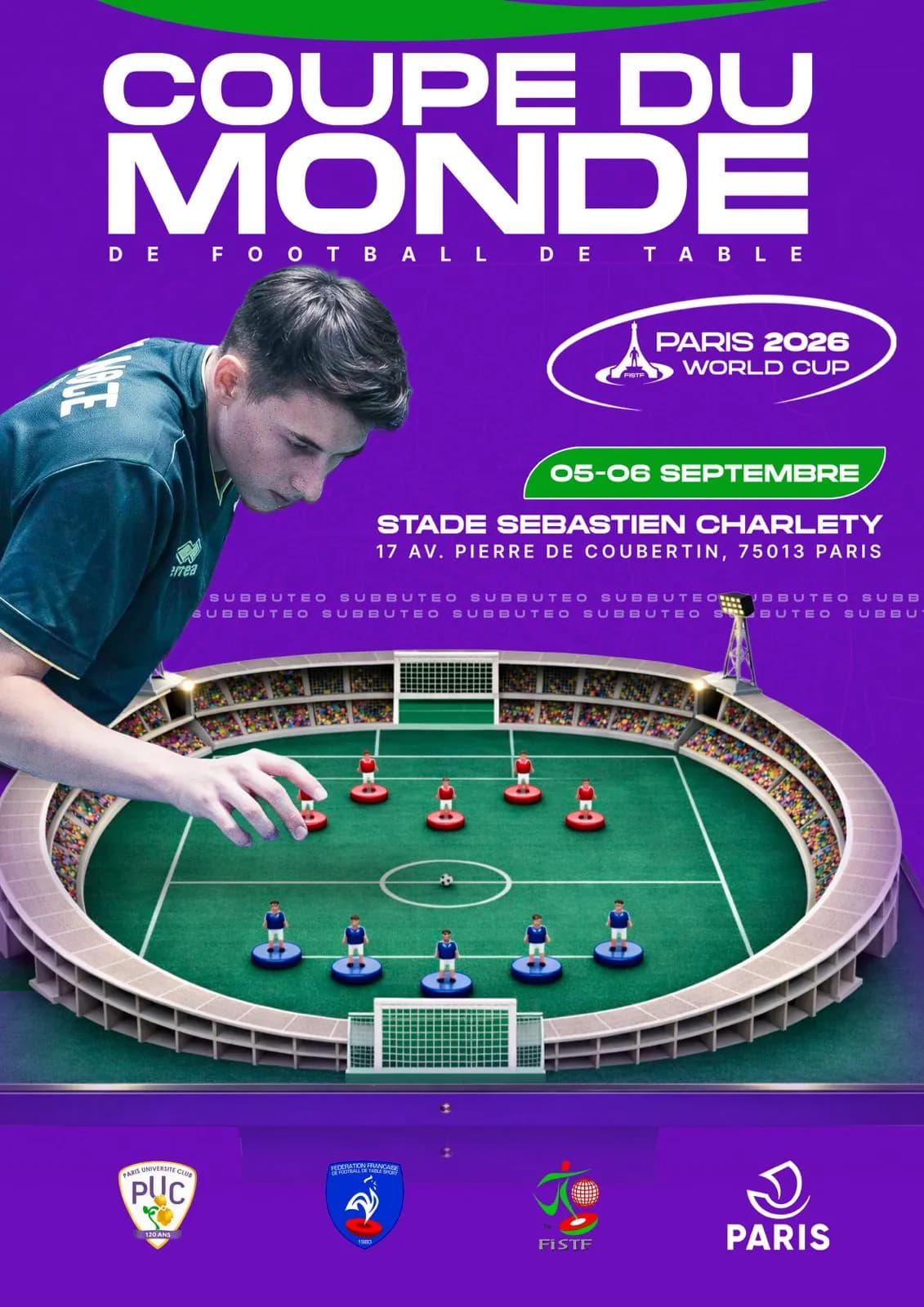 Affiche de la Coupe du monde de football de table Paris 2026, les 5 et 6 septembre au stade Sébastien Charléty